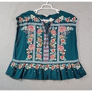 Savanna Jane Green Floral Embroidered Sleeveless Tie Neck Blouse Women's Plus 1X
